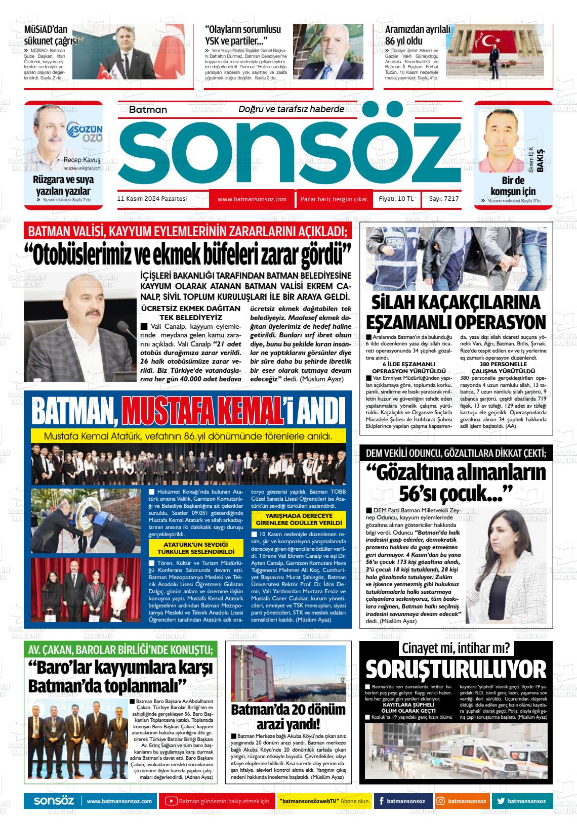 11 Kasım 2024 Batman Sonsöz Gazete Manşeti