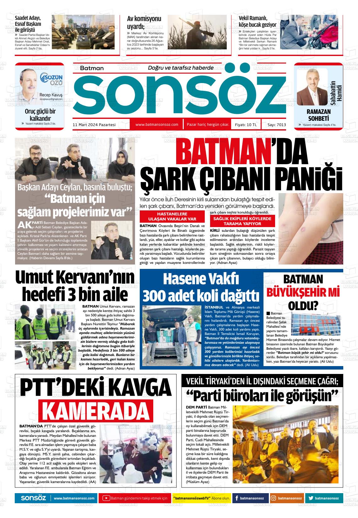 11 Mart 2024 Batman Sonsöz Gazete Manşeti