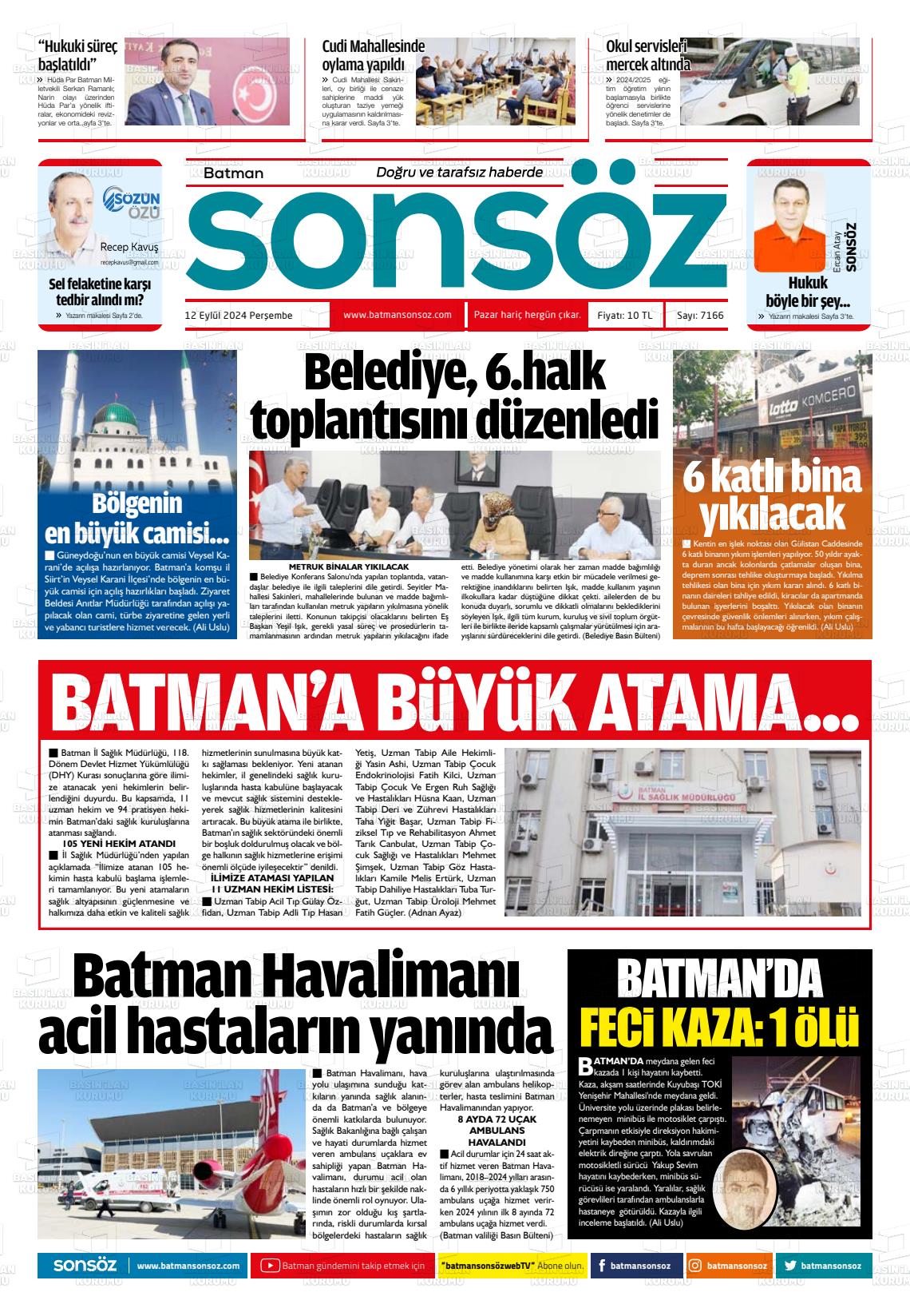 12 Eylül 2024 Batman Sonsöz Gazete Manşeti