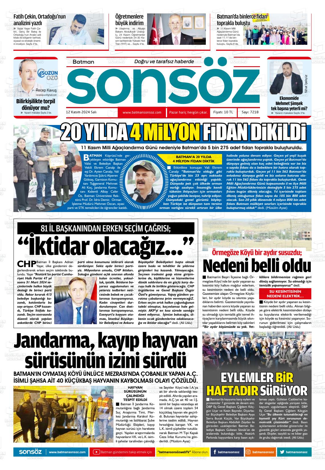 12 Kasım 2024 Batman Sonsöz Gazete Manşeti