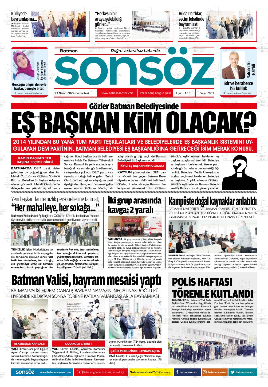 13 Nisan 2024 Batman Sonsöz Gazete Manşeti