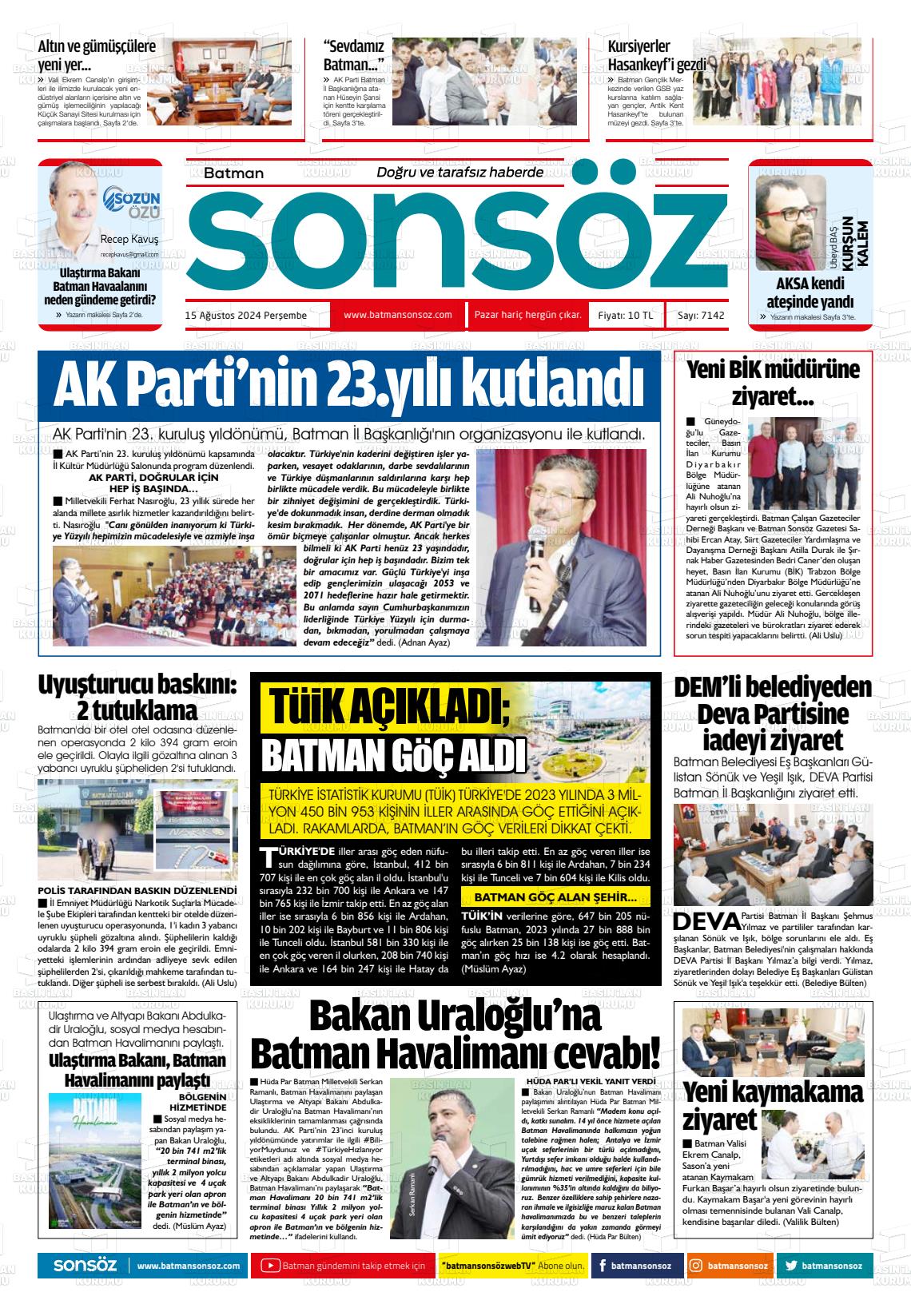 15 Ağustos 2024 Batman Sonsöz Gazete Manşeti