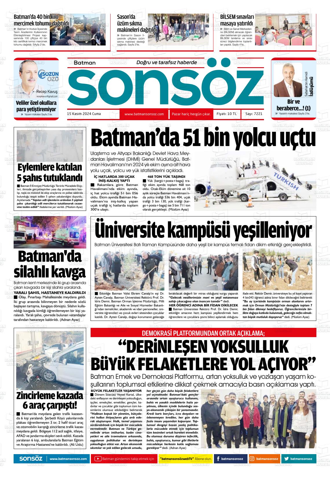 15 Kasım 2024 Batman Sonsöz Gazete Manşeti