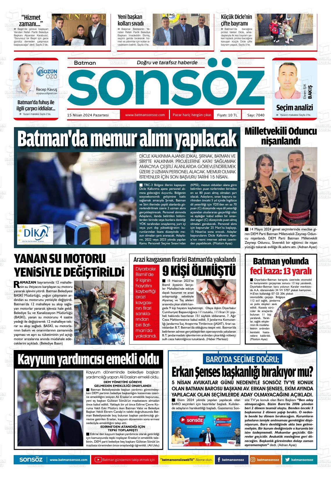 15 Nisan 2024 Batman Sonsöz Gazete Manşeti