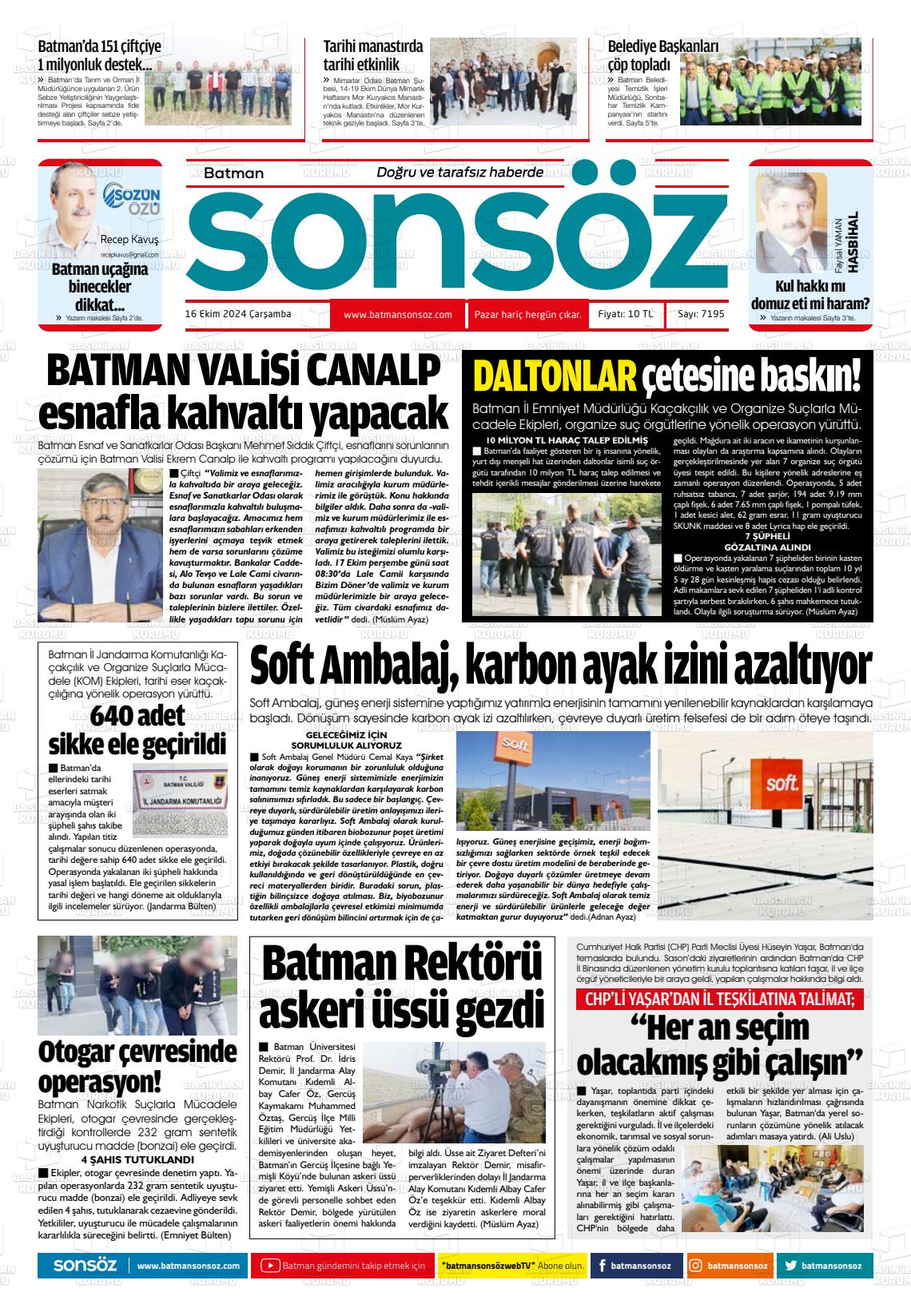 16 Ekim 2024 Batman Sonsöz Gazete Manşeti