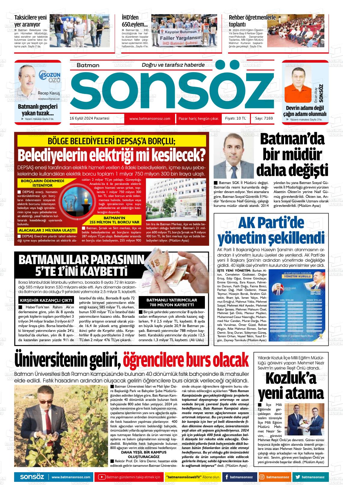 16 Eylül 2024 Batman Sonsöz Gazete Manşeti