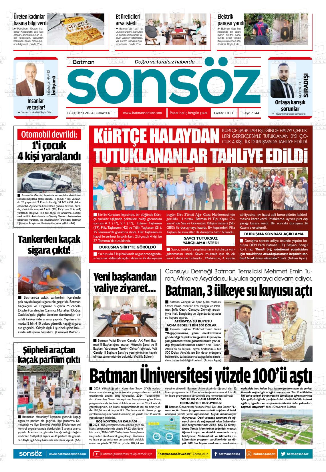 17 Ağustos 2024 Batman Sonsöz Gazete Manşeti