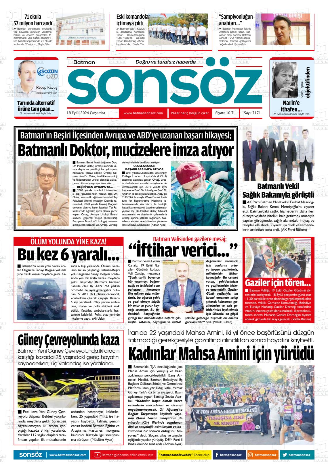 18 Eylül 2024 Batman Sonsöz Gazete Manşeti