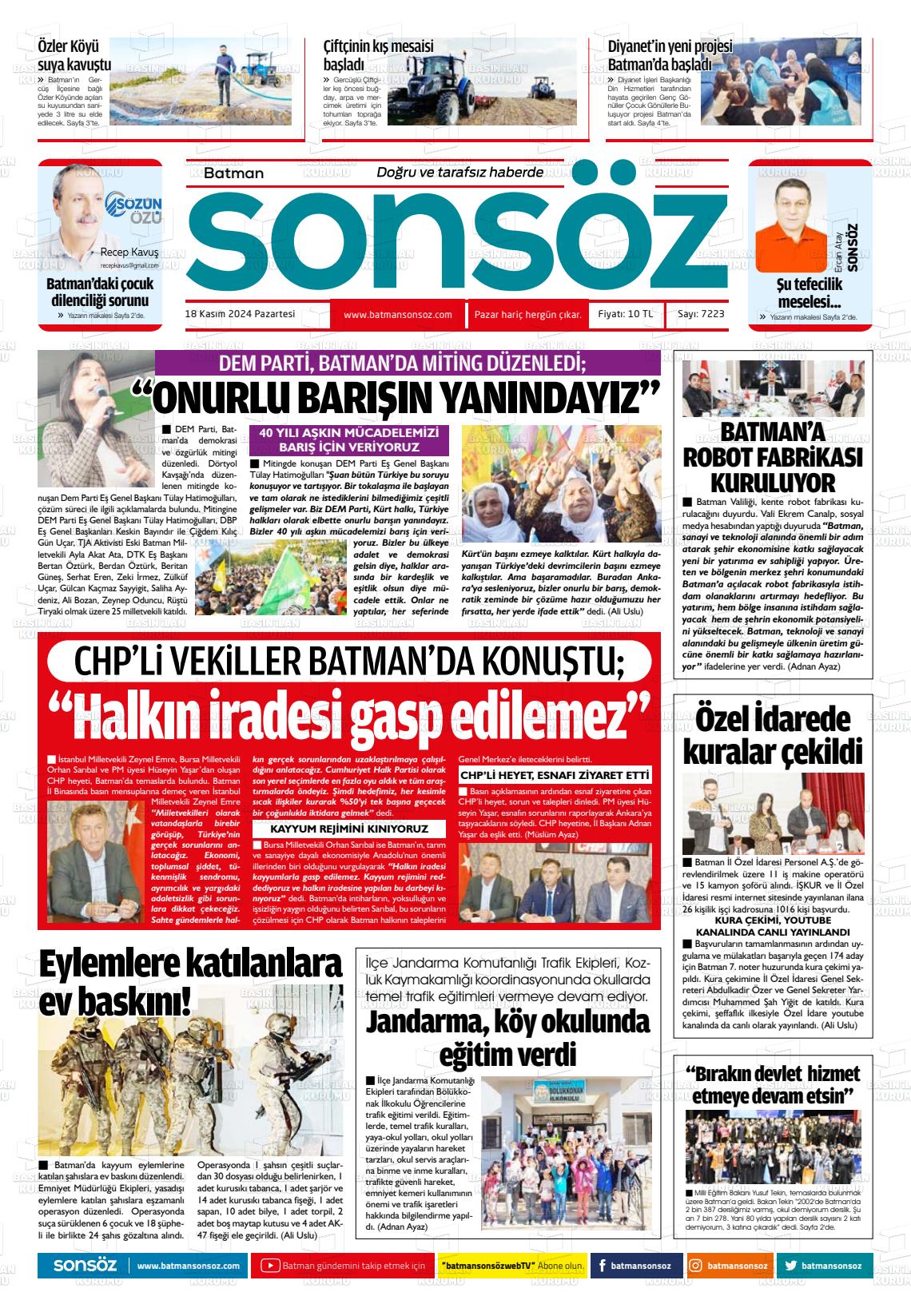 18 Kasım 2024 Batman Sonsöz Gazete Manşeti