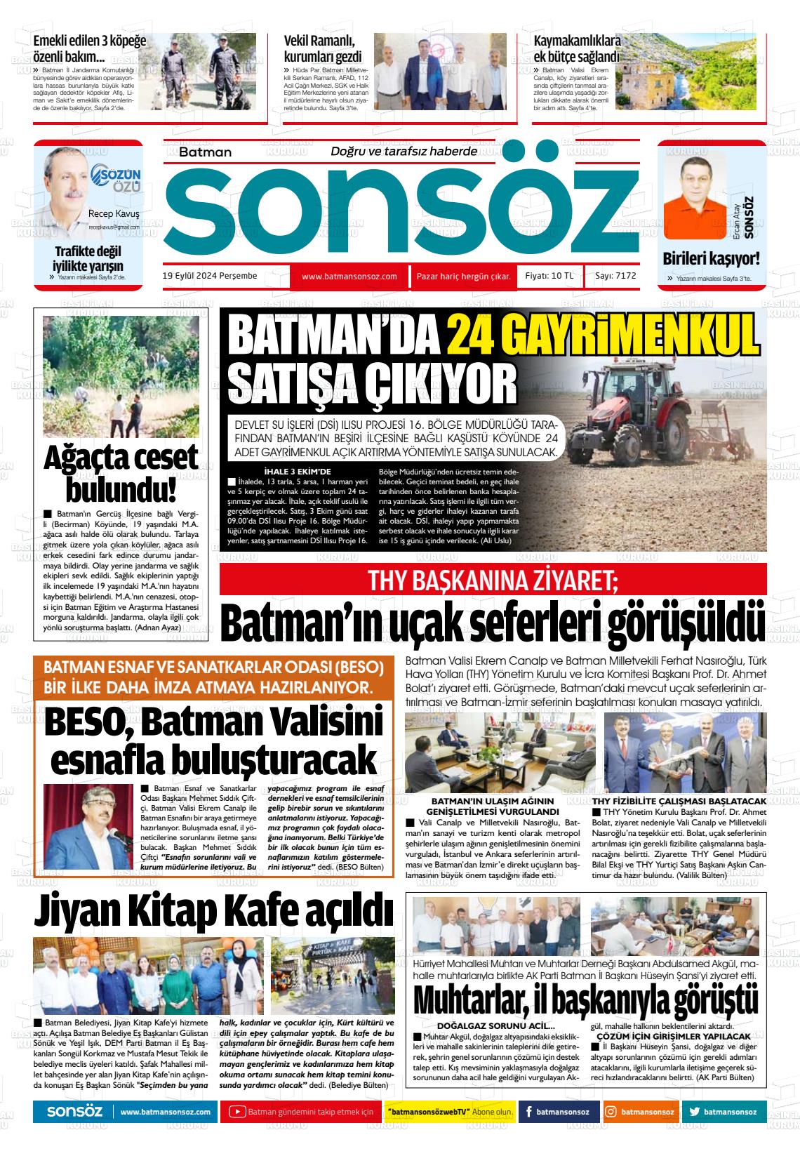 19 Eylül 2024 Batman Sonsöz Gazete Manşeti