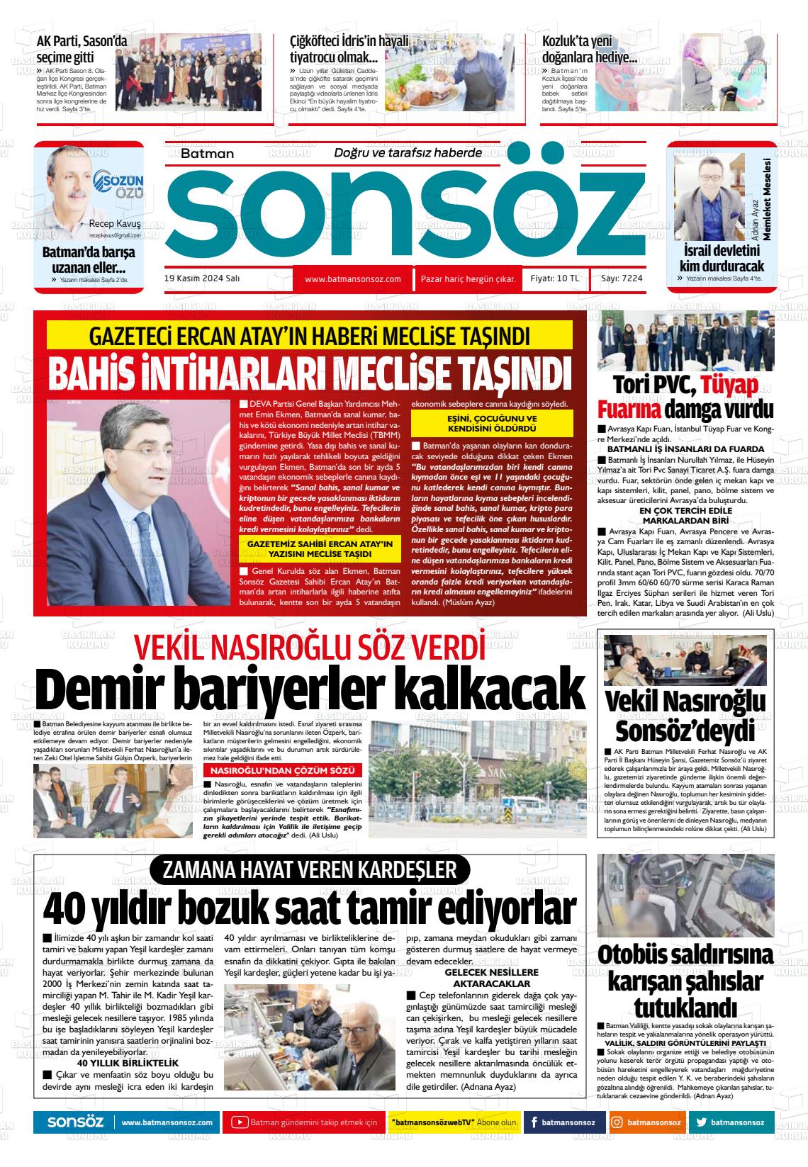 19 Kasım 2024 Batman Sonsöz Gazete Manşeti