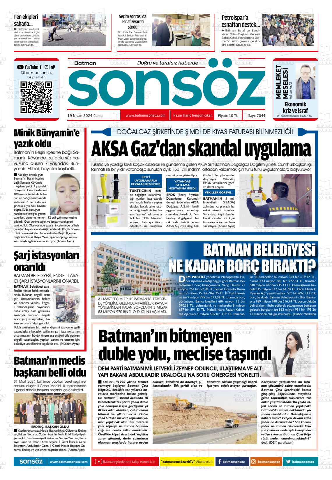 19 Nisan 2024 Batman Sonsöz Gazete Manşeti