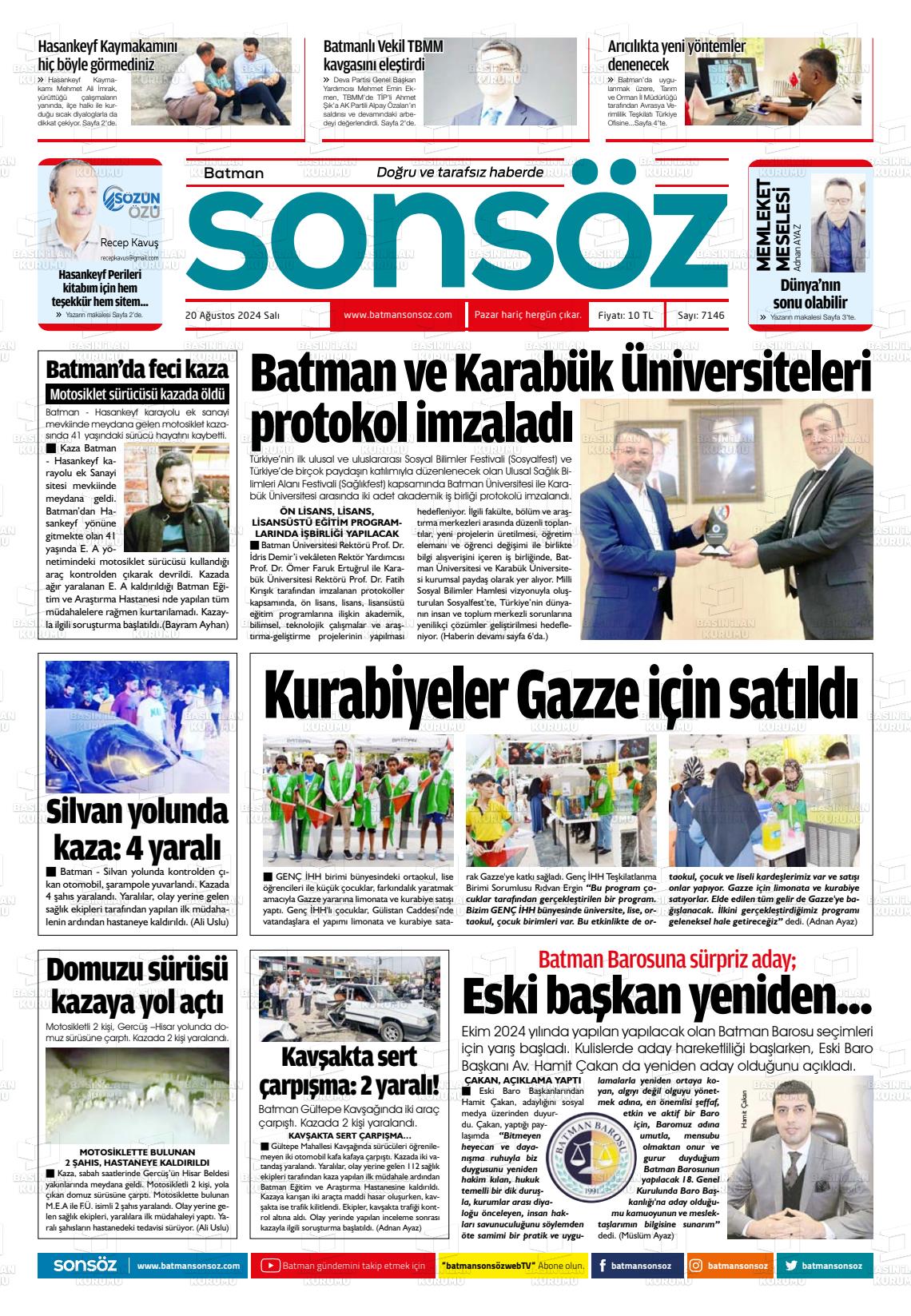 20 Ağustos 2024 Batman Sonsöz Gazete Manşeti