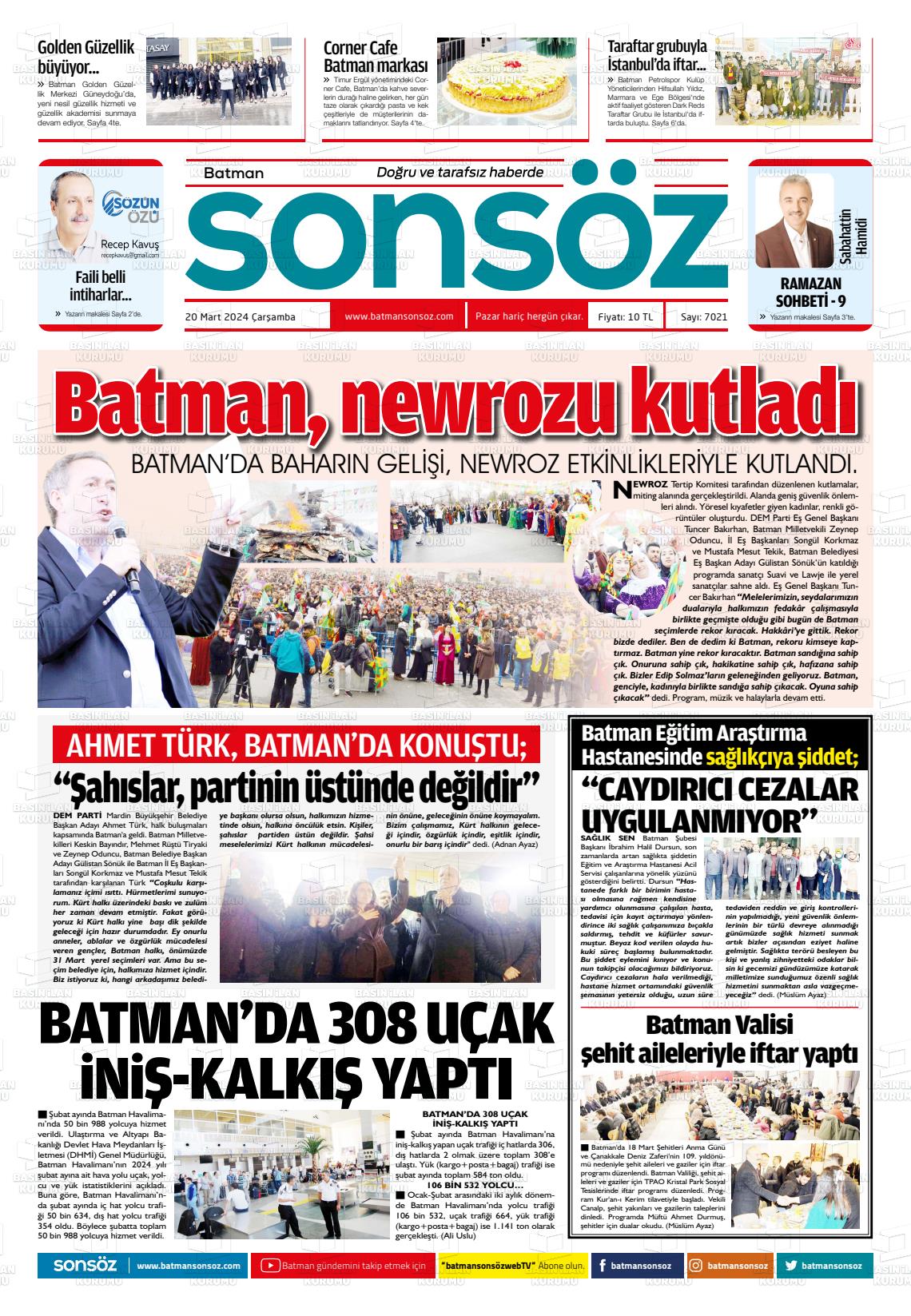 20 Mart 2024 Batman Sonsöz Gazete Manşeti