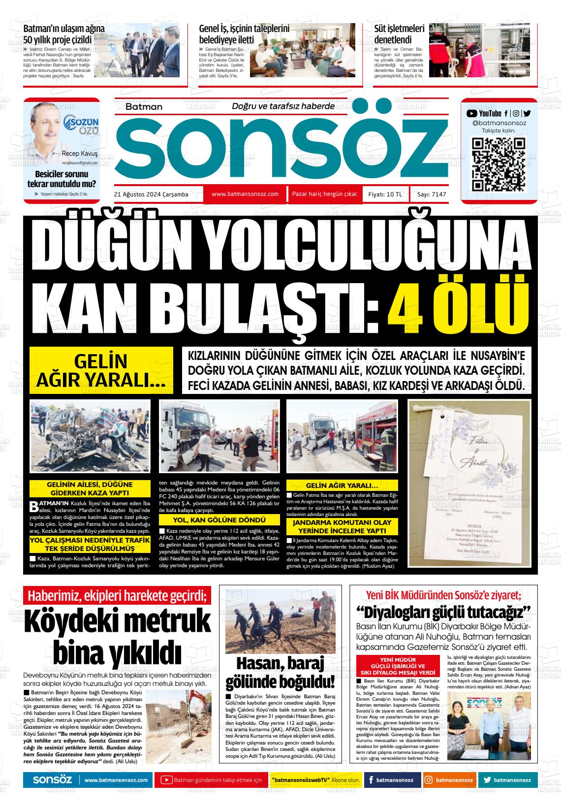 21 Ağustos 2024 Batman Sonsöz Gazete Manşeti