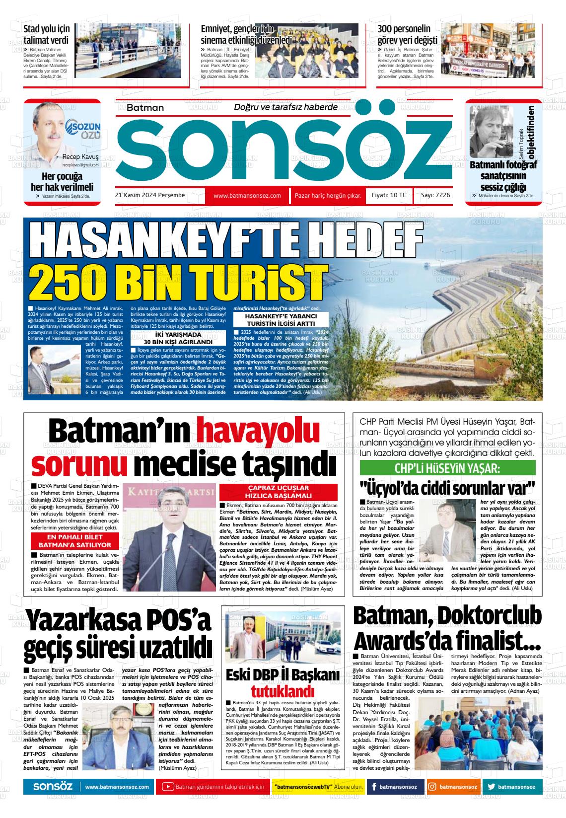 21 Kasım 2024 Batman Sonsöz Gazete Manşeti