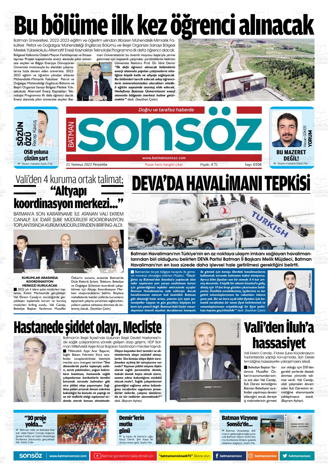 21 Temmuz 2022 Batman Sonsöz Gazete Manşeti