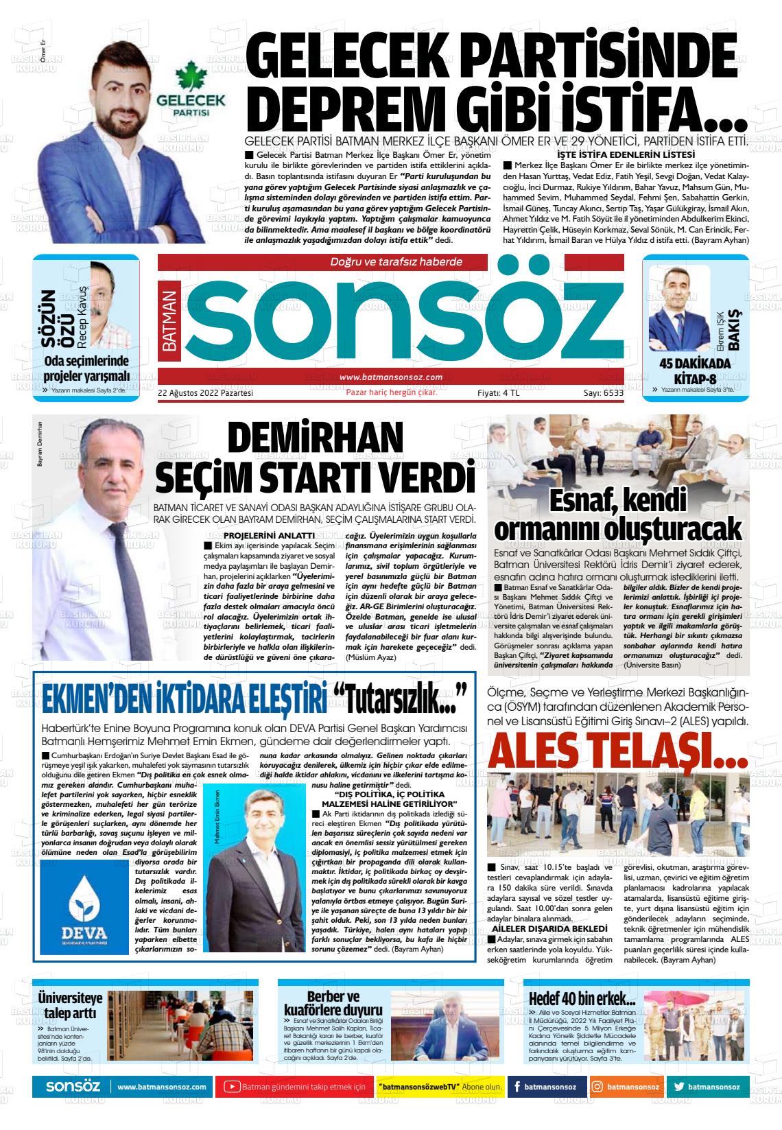 22 Ağustos 2022 Batman Sonsöz Gazete Manşeti