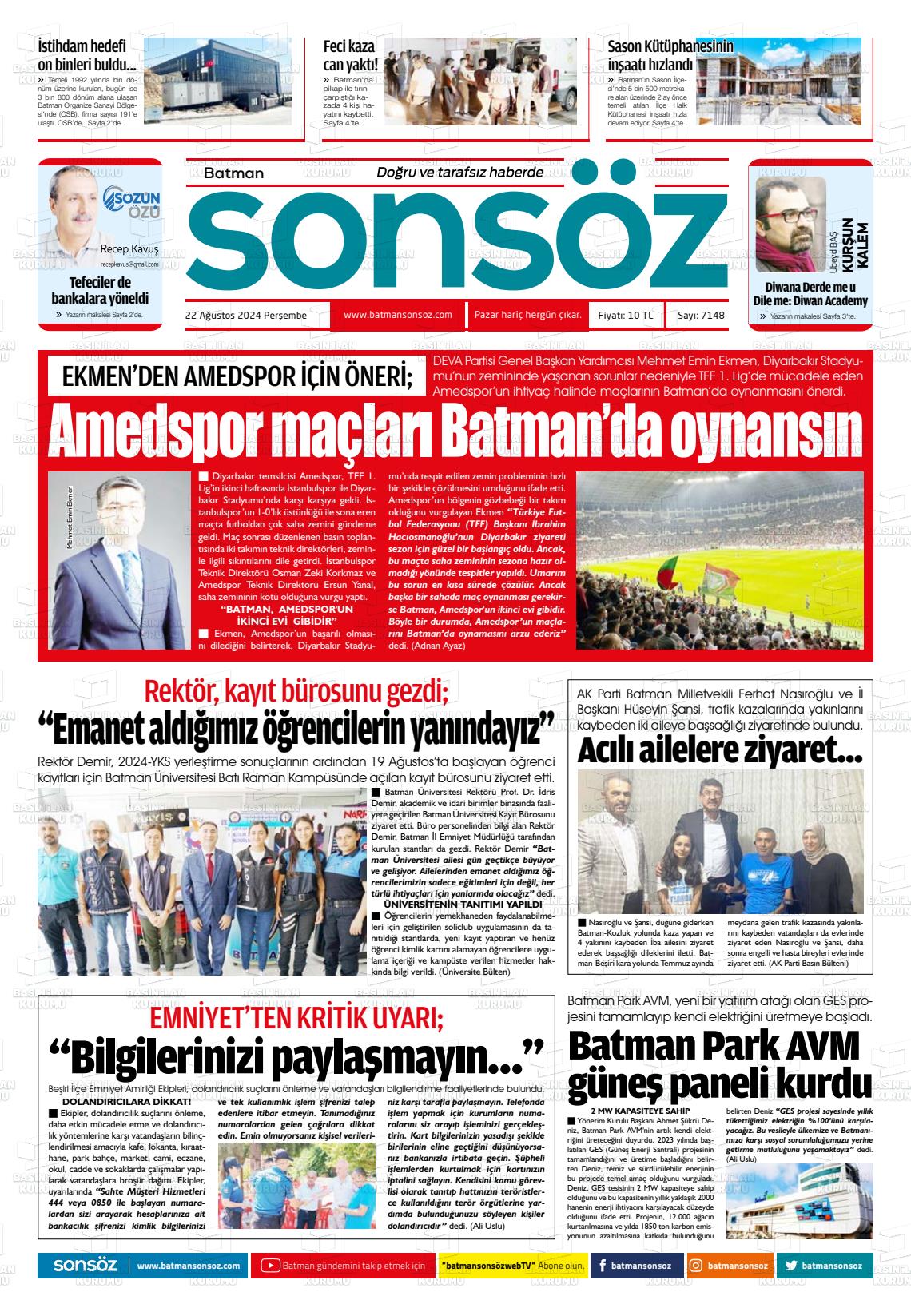 22 Ağustos 2024 Batman Sonsöz Gazete Manşeti