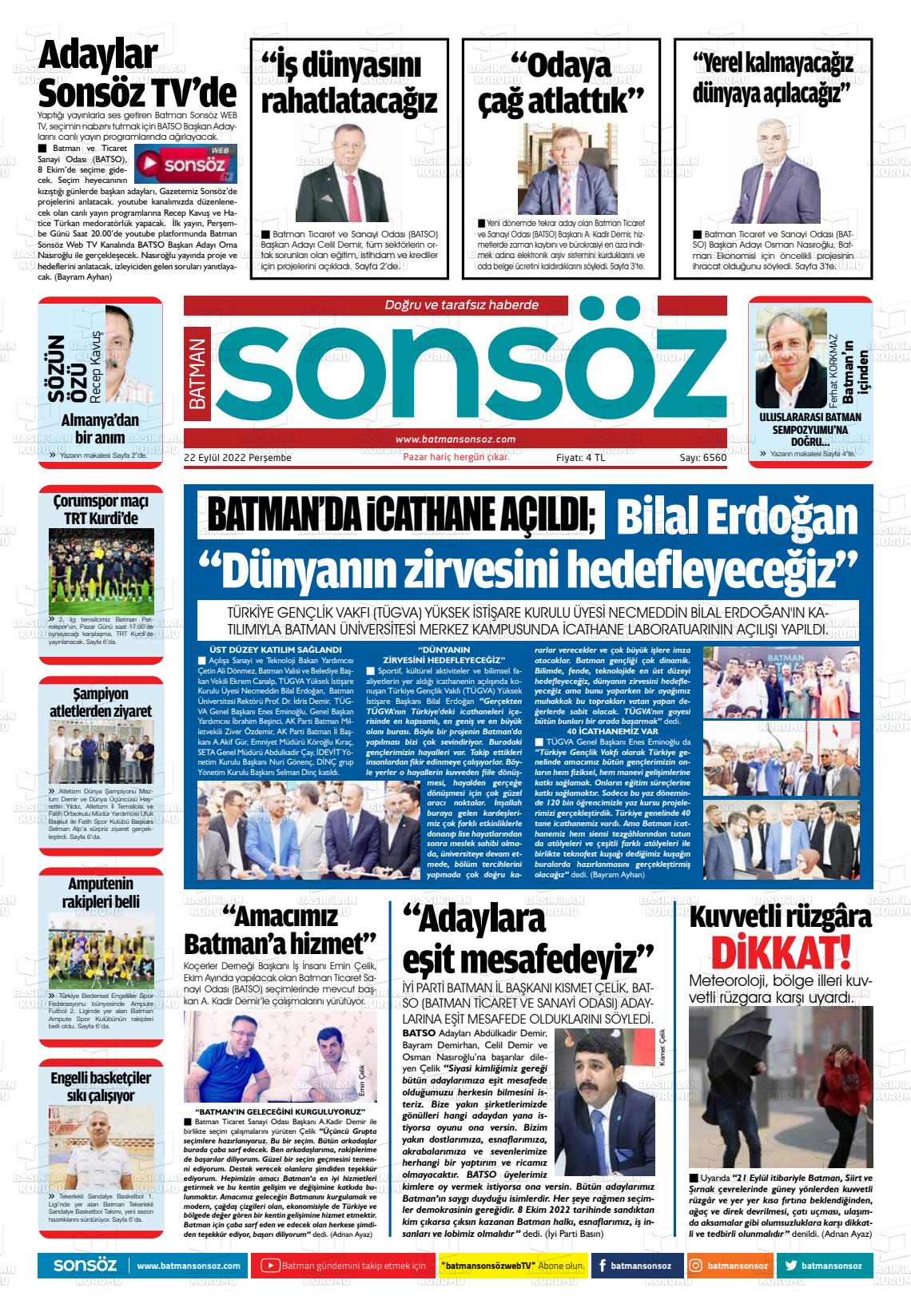 22 Eylül 2022 Batman Sonsöz Gazete Manşeti