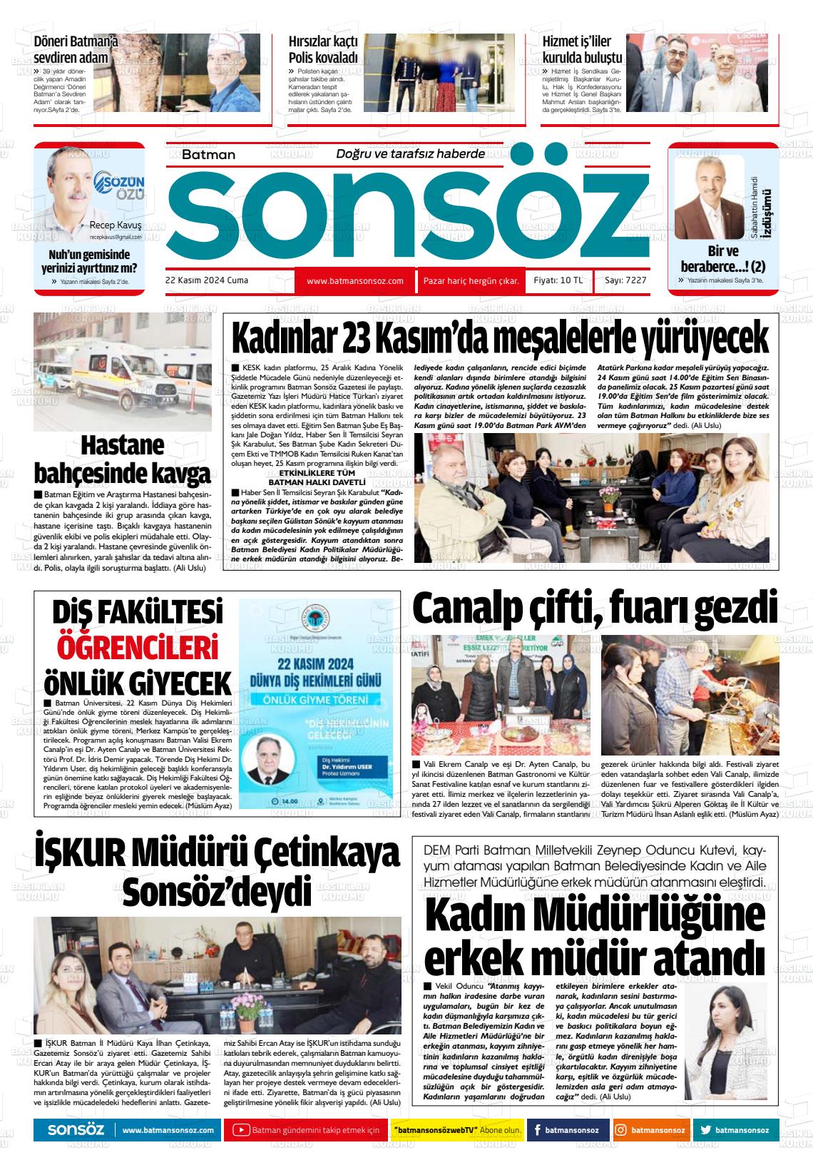 22 Kasım 2024 Batman Sonsöz Gazete Manşeti