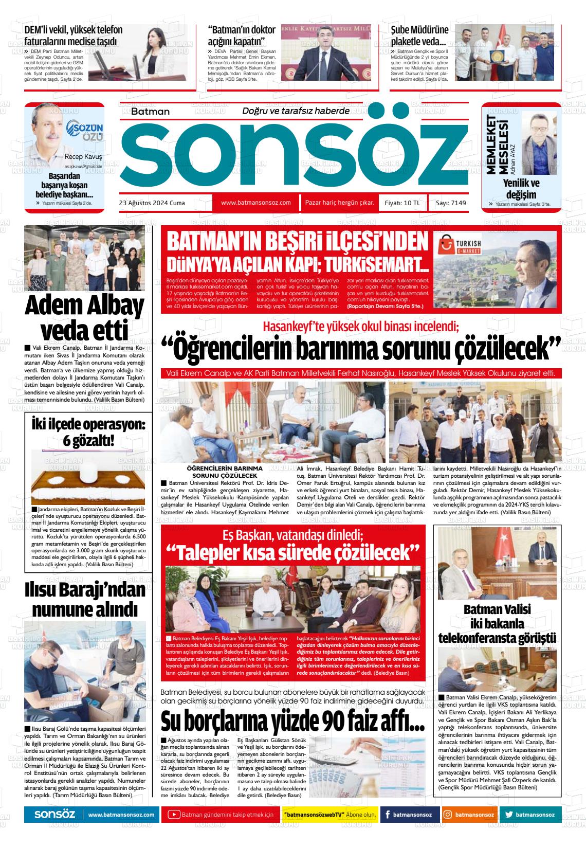 23 Ağustos 2024 Batman Sonsöz Gazete Manşeti