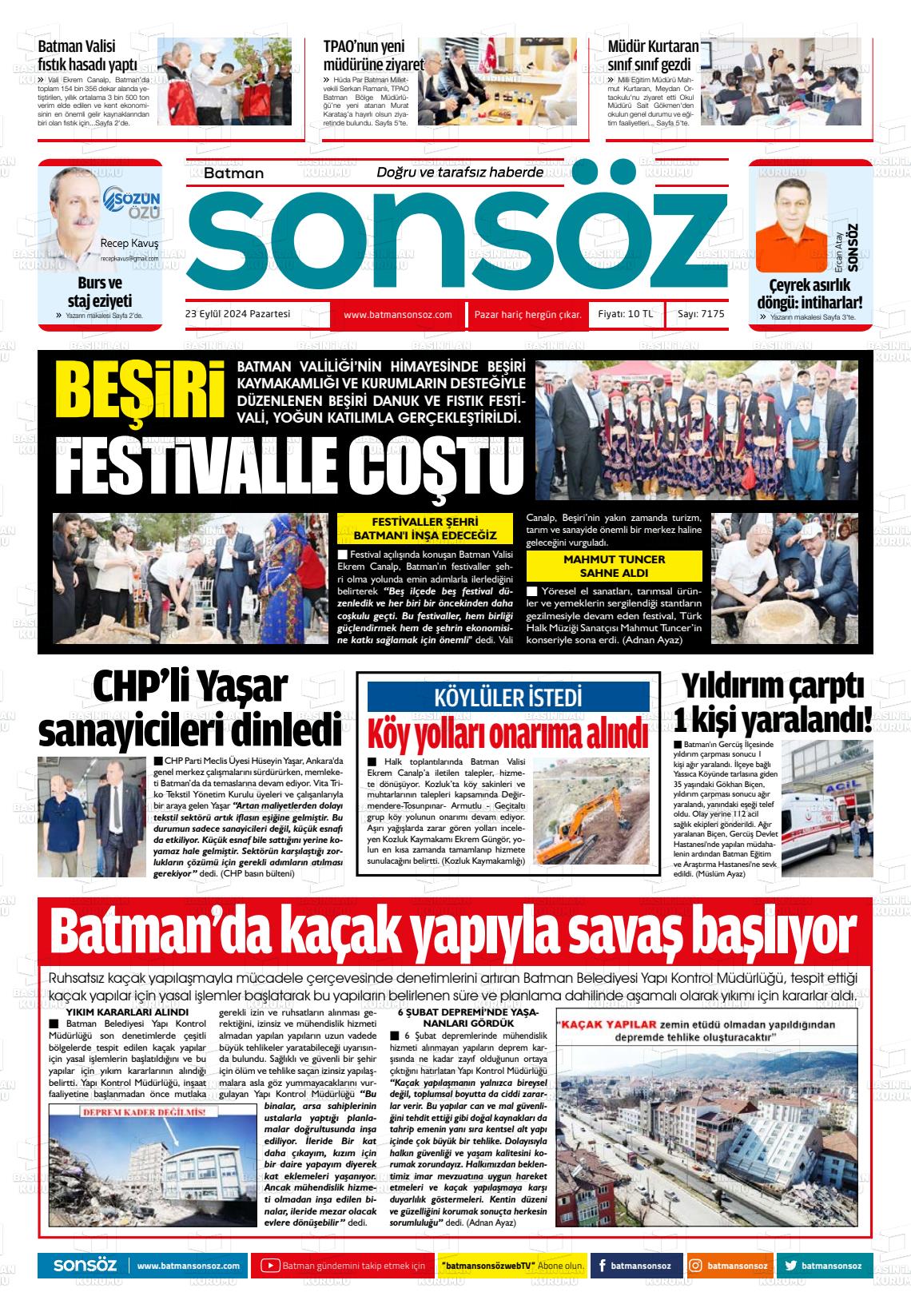 23 Eylül 2024 Batman Sonsöz Gazete Manşeti