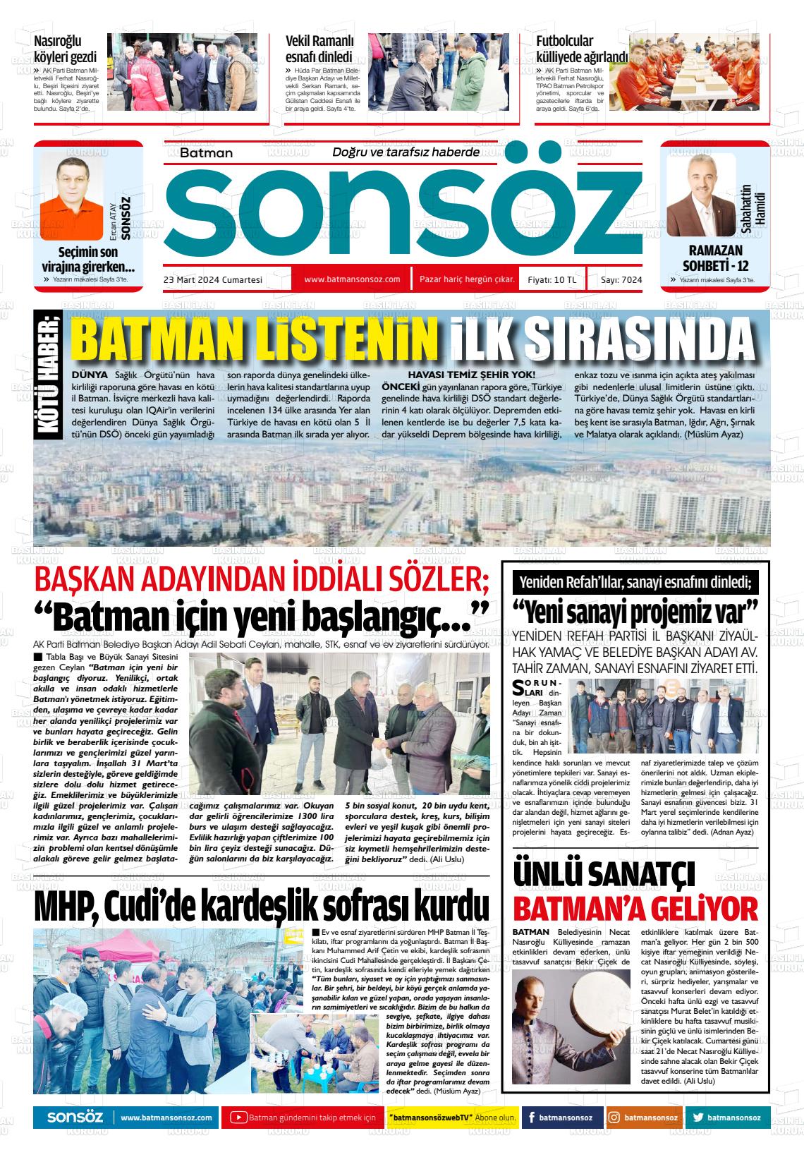 23 Mart 2024 Batman Sonsöz Gazete Manşeti