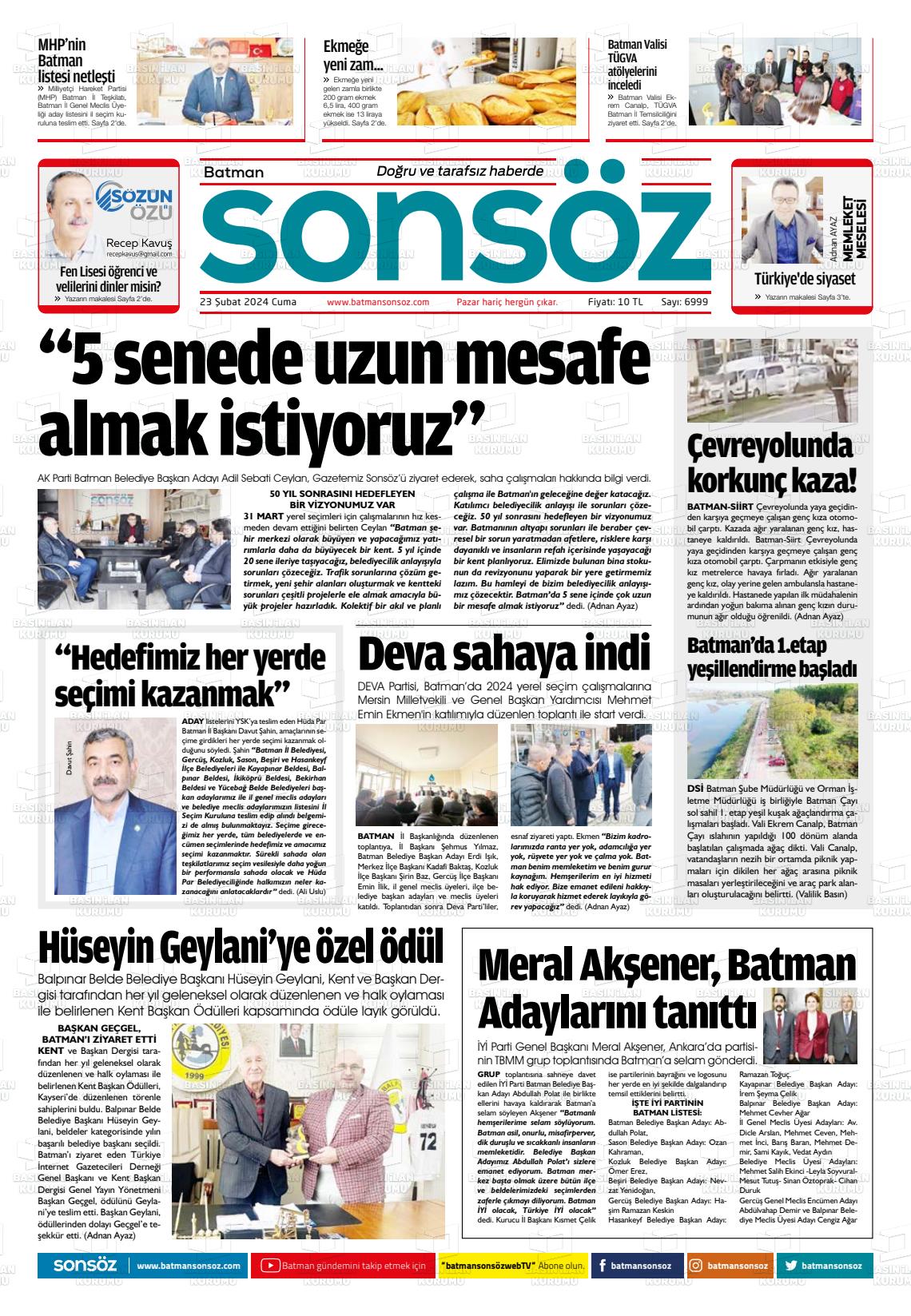 23 Şubat 2024 Batman Sonsöz Gazete Manşeti