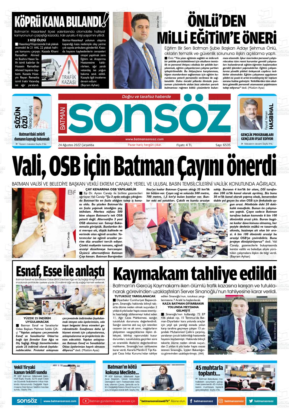 24 Ağustos 2022 Batman Sonsöz Gazete Manşeti