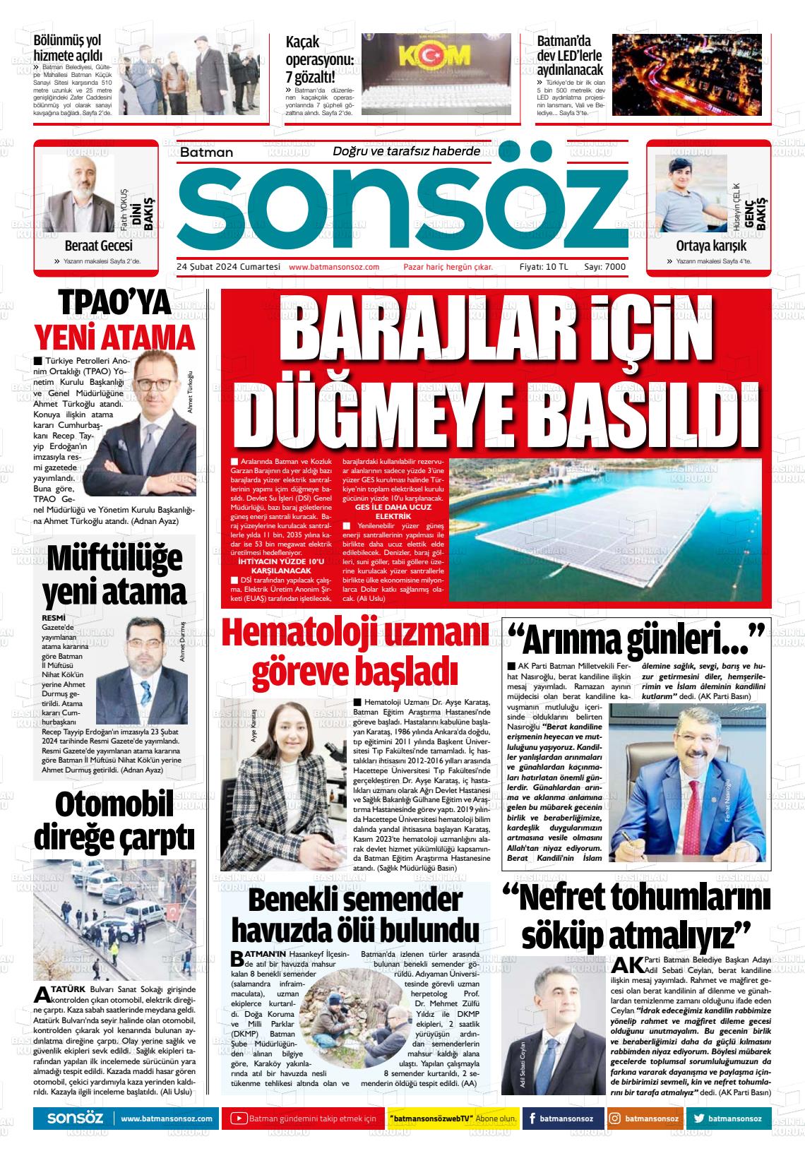 24 Şubat 2024 Batman Sonsöz Gazete Manşeti