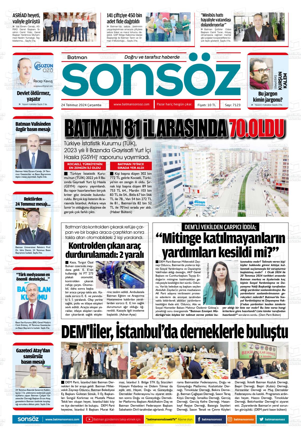 24 Temmuz 2024 Batman Sonsöz Gazete Manşeti