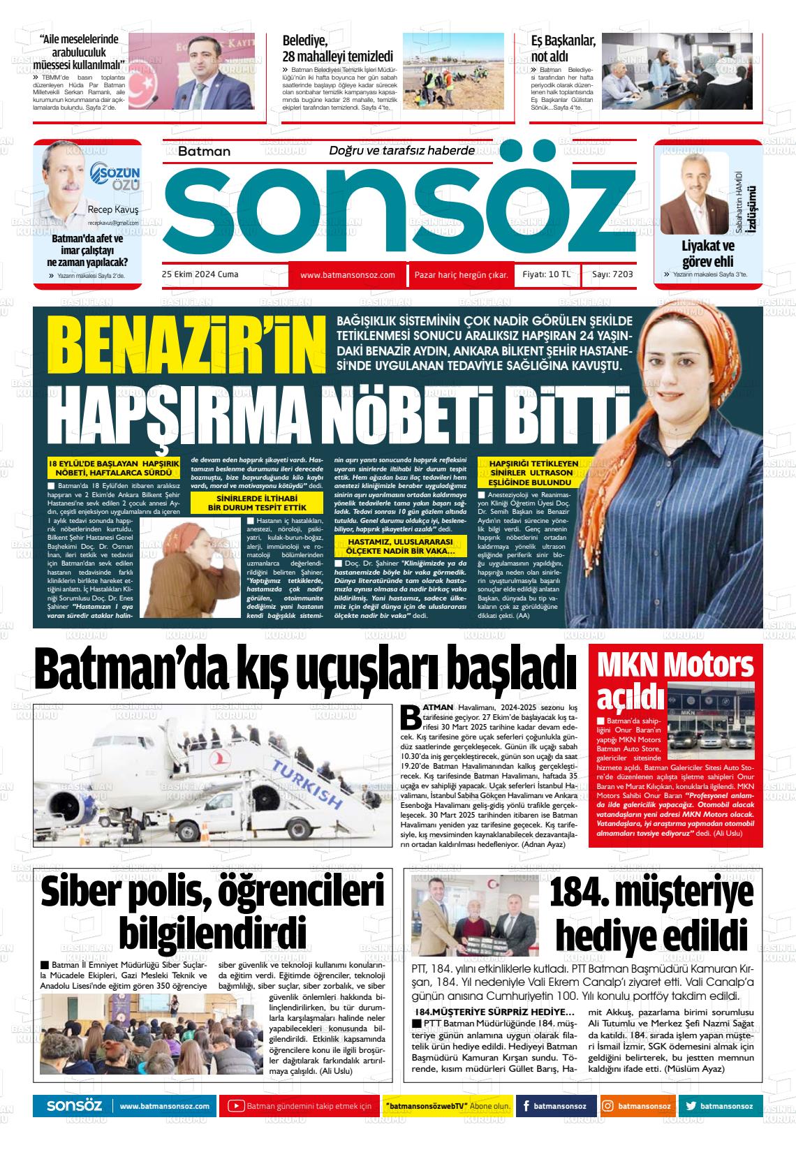 25 Ekim 2024 Batman Sonsöz Gazete Manşeti