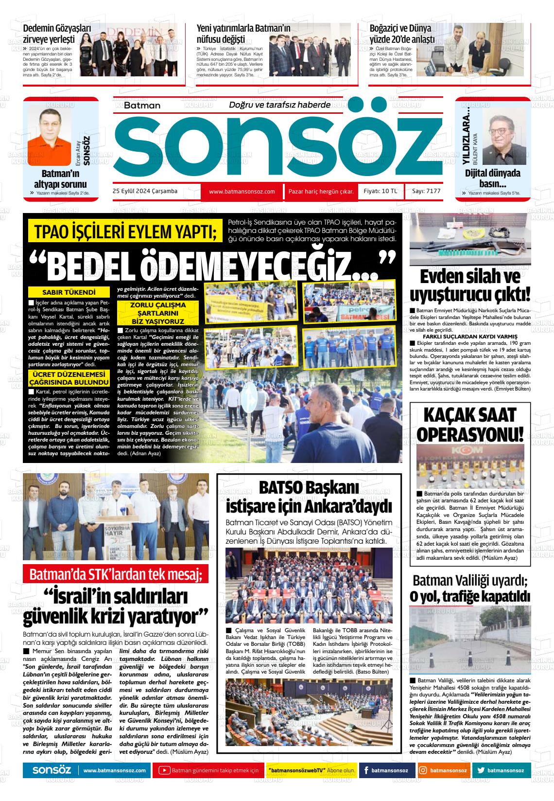 25 Eylül 2024 Batman Sonsöz Gazete Manşeti