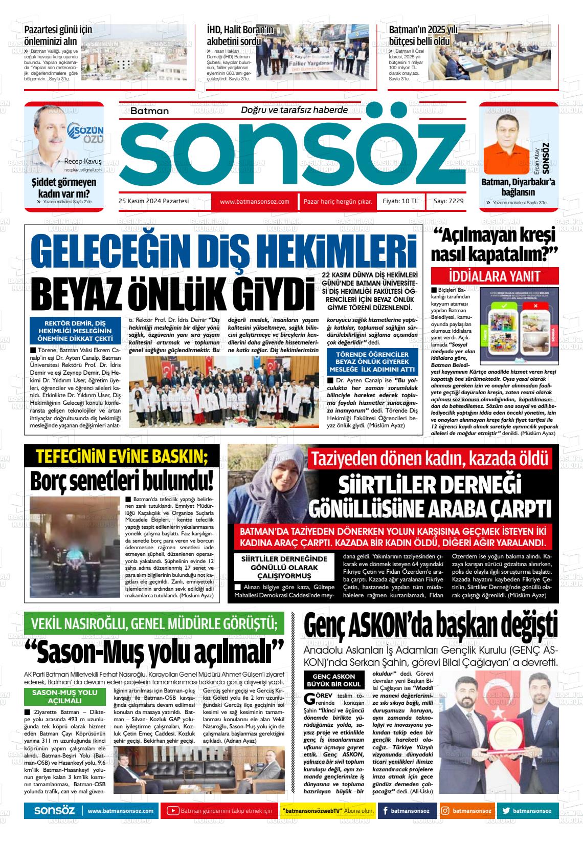 25 Kasım 2024 Batman Sonsöz Gazete Manşeti