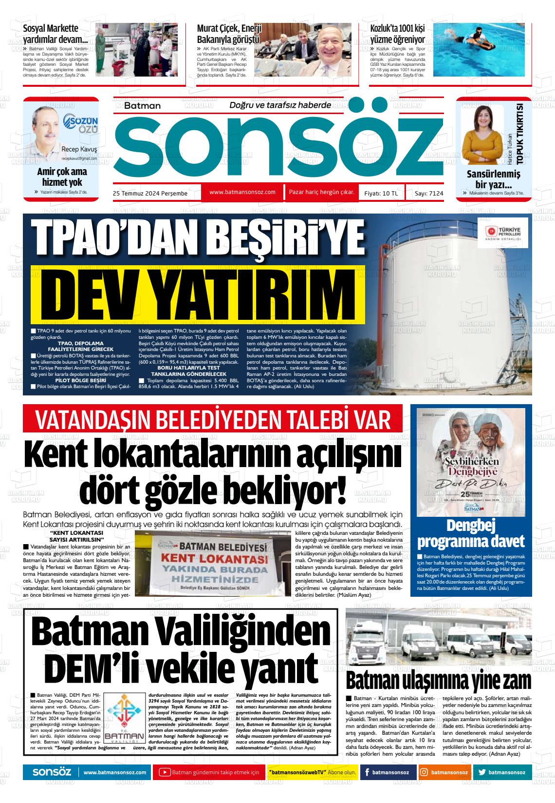 25 Temmuz 2024 Batman Sonsöz Gazete Manşeti