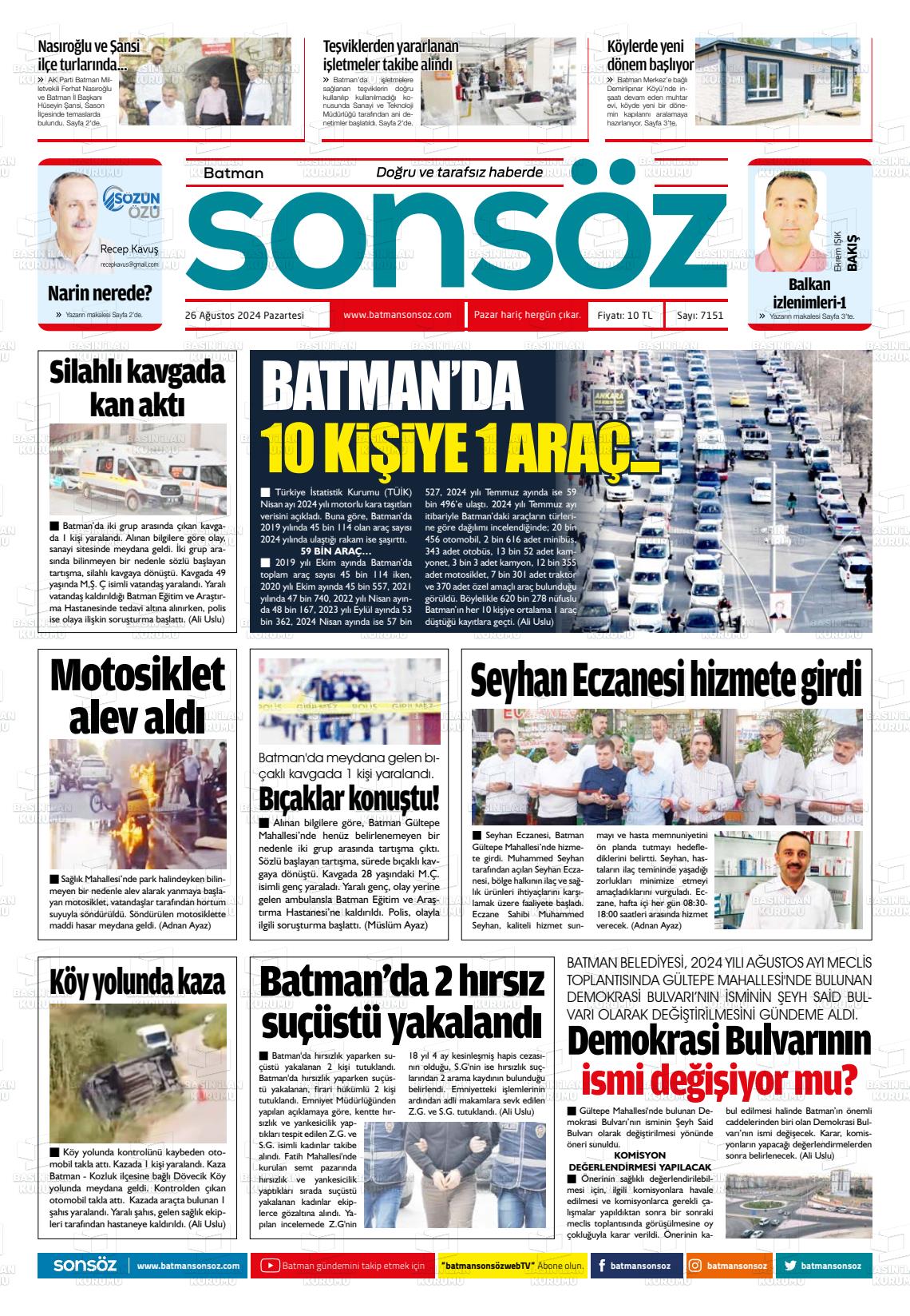 26 Ağustos 2024 Batman Sonsöz Gazete Manşeti