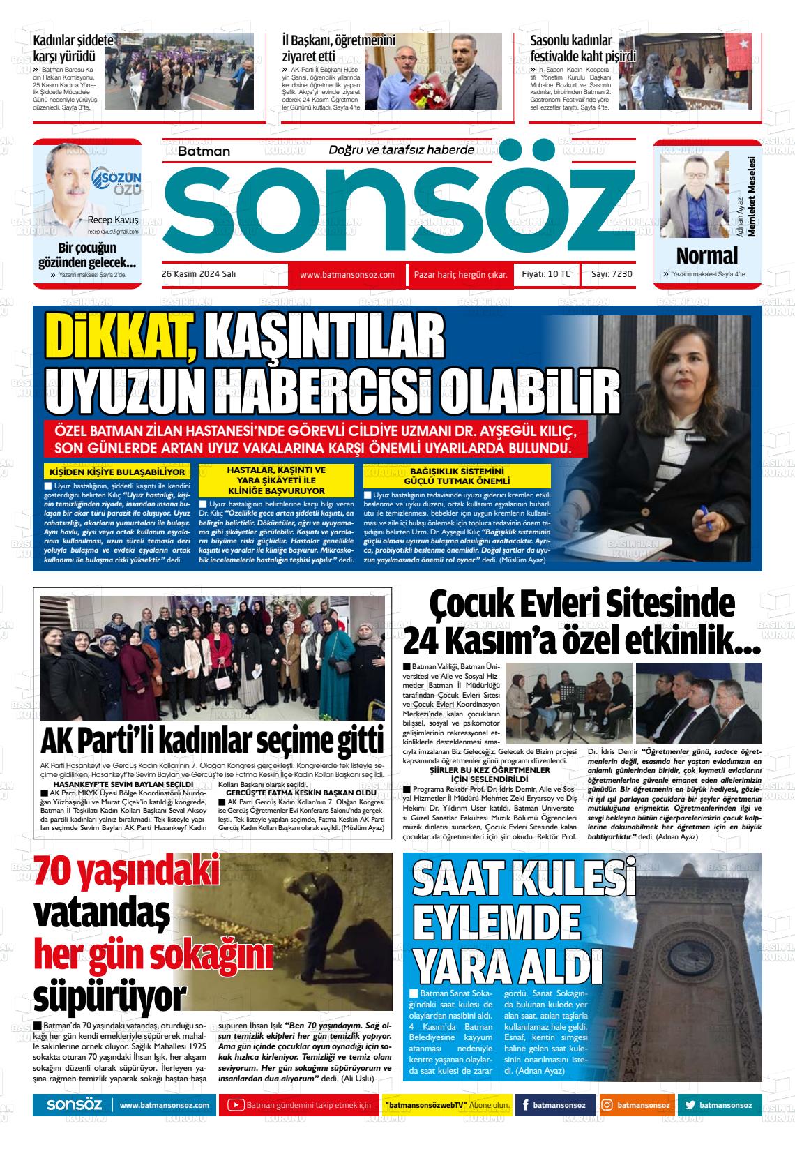 26 Kasım 2024 Batman Sonsöz Gazete Manşeti