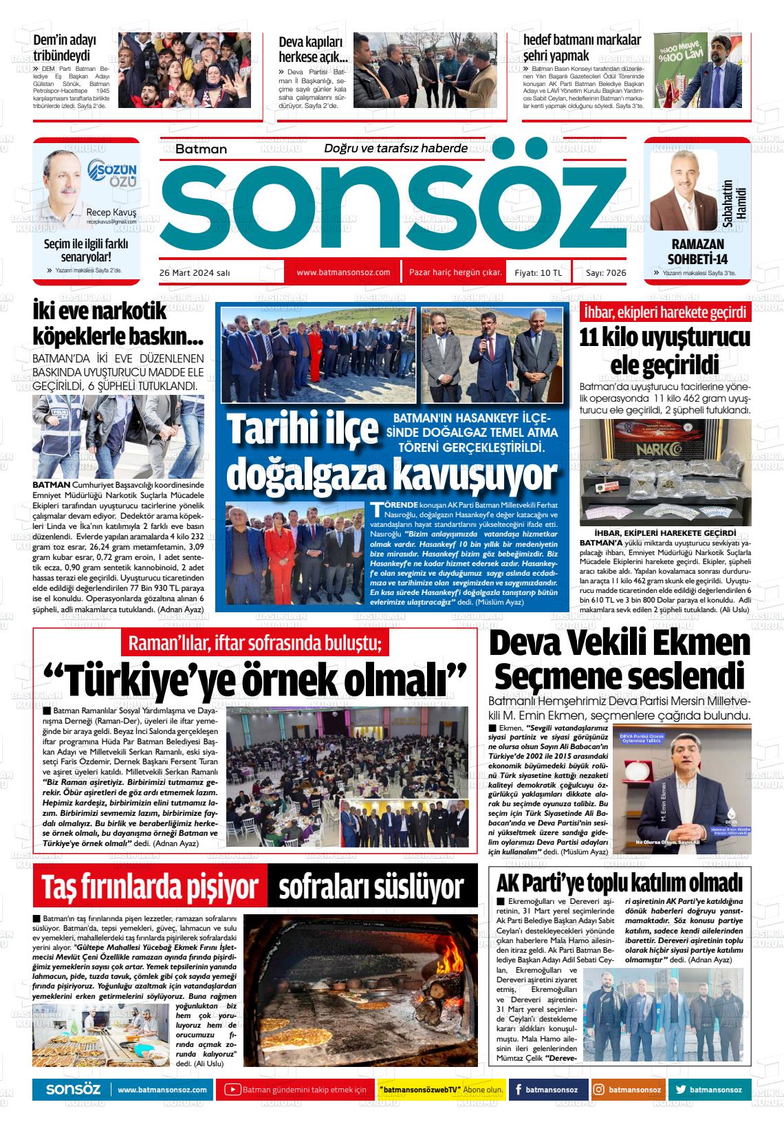 26 Mart 2024 Batman Sonsöz Gazete Manşeti