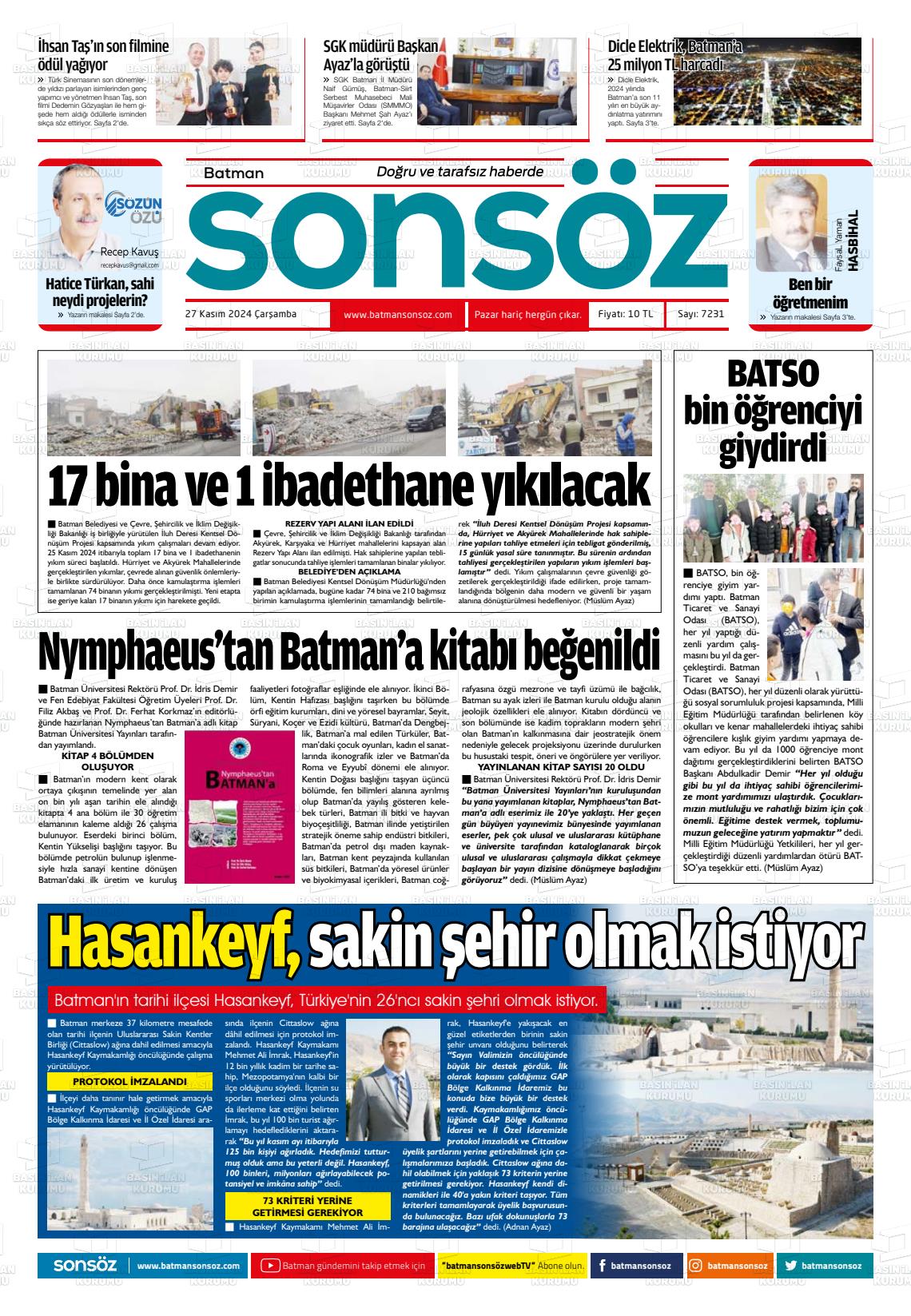 27 Kasım 2024 Batman Sonsöz Gazete Manşeti