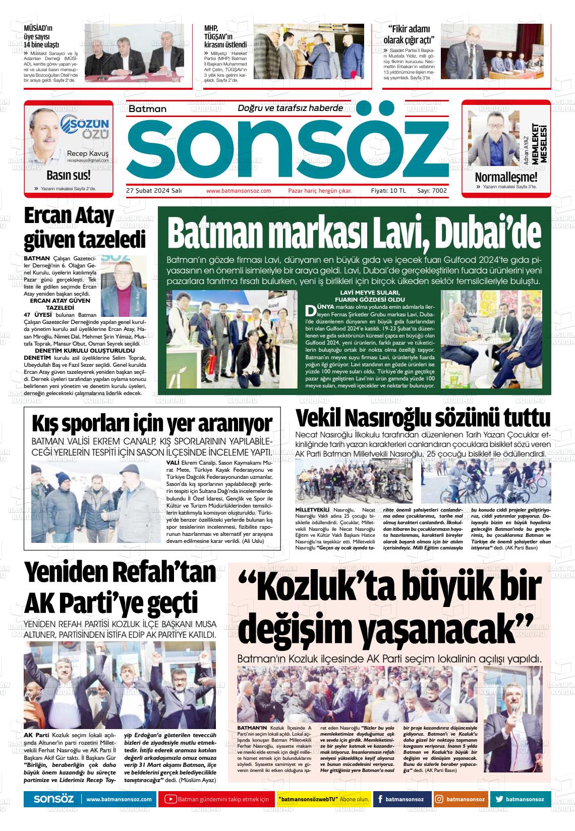 27 Şubat 2024 Batman Sonsöz Gazete Manşeti