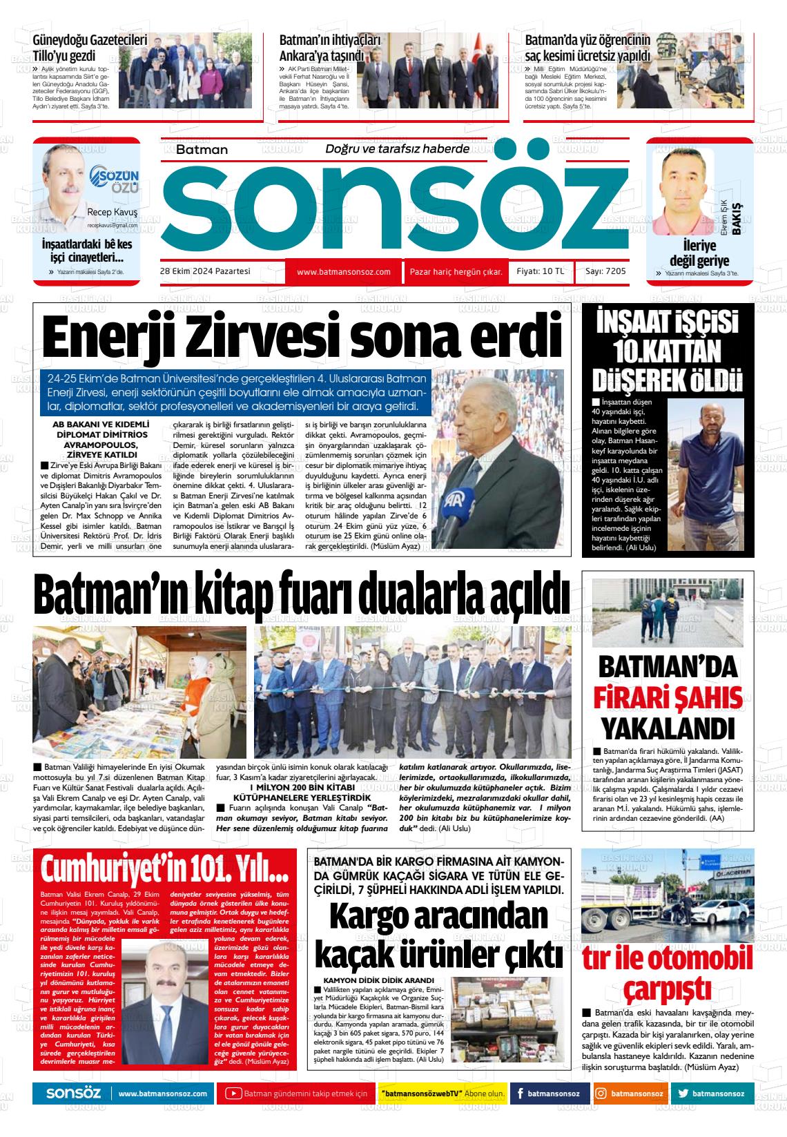 28 Ekim 2024 Batman Sonsöz Gazete Manşeti