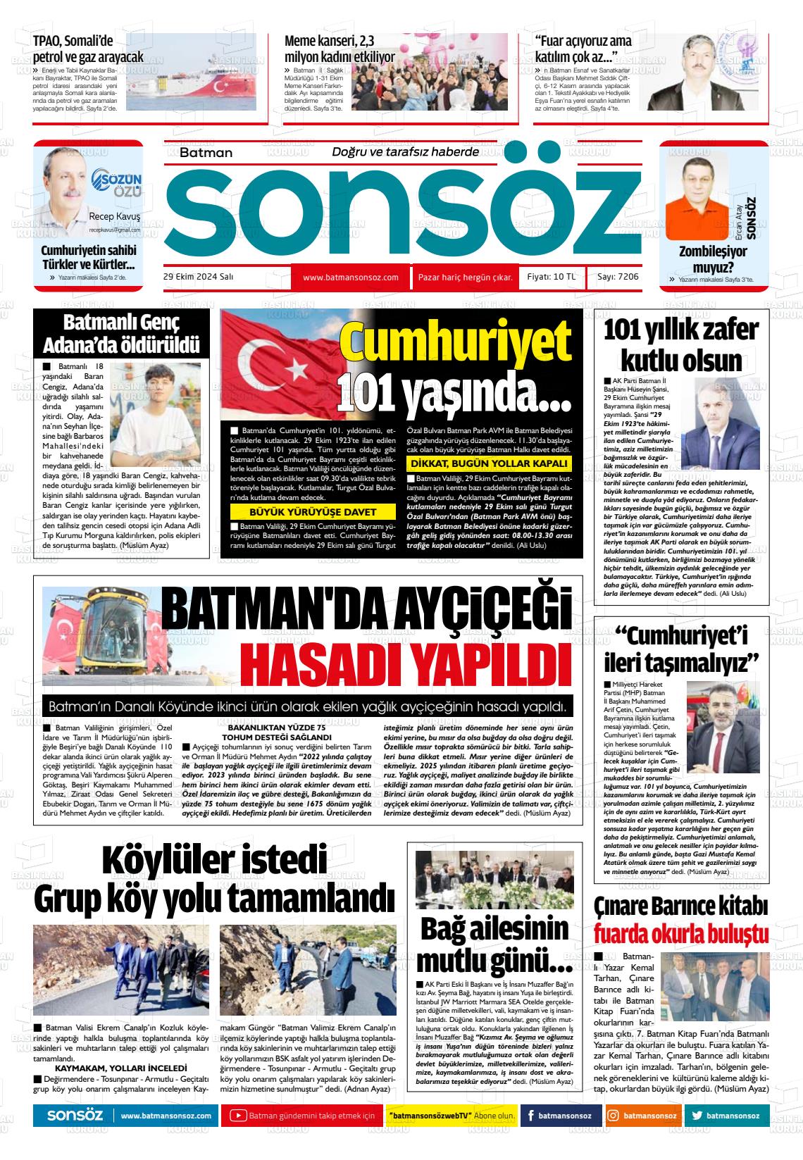 29 Ekim 2024 Batman Sonsöz Gazete Manşeti