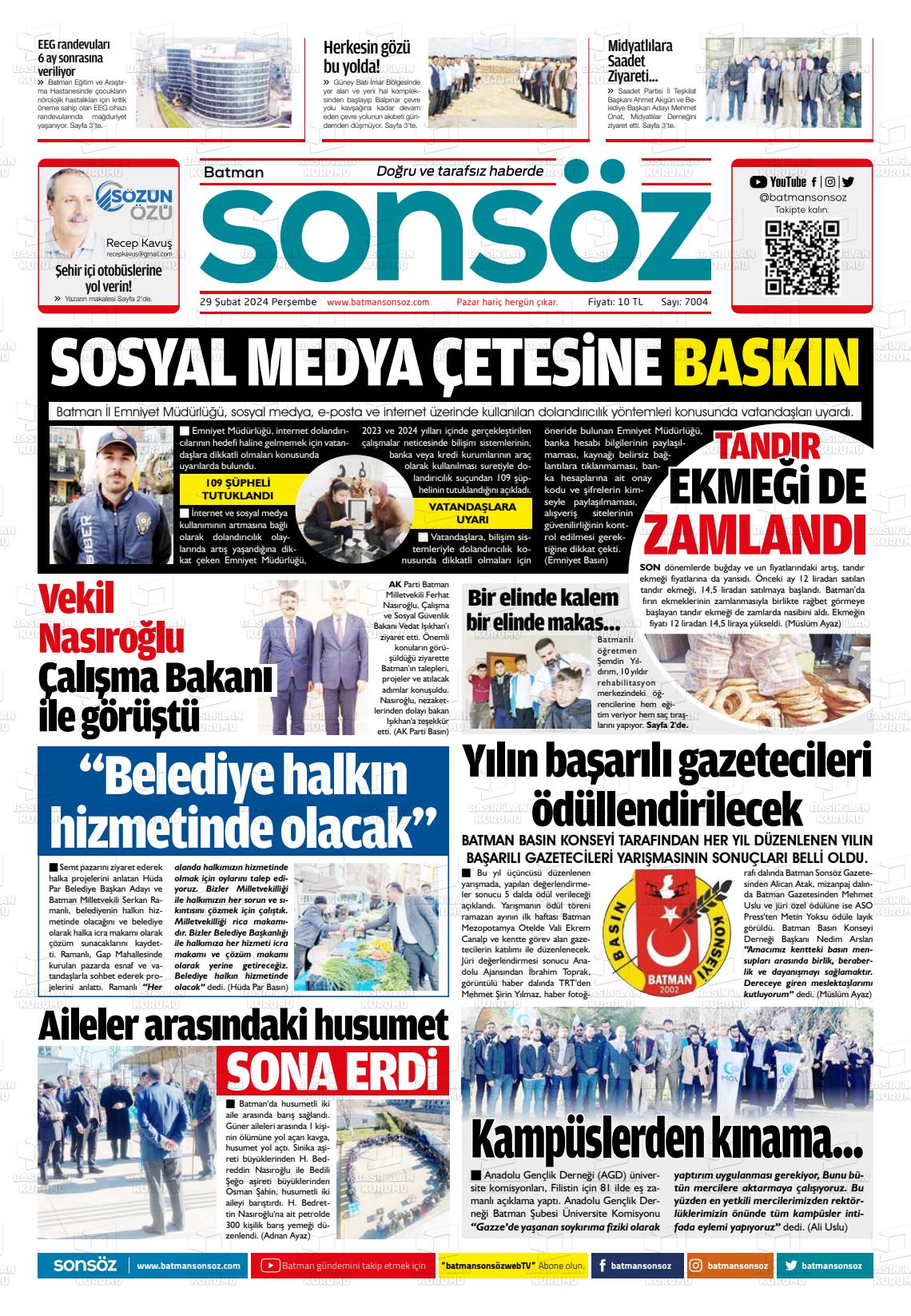 29 Şubat 2024 Batman Sonsöz Gazete Manşeti