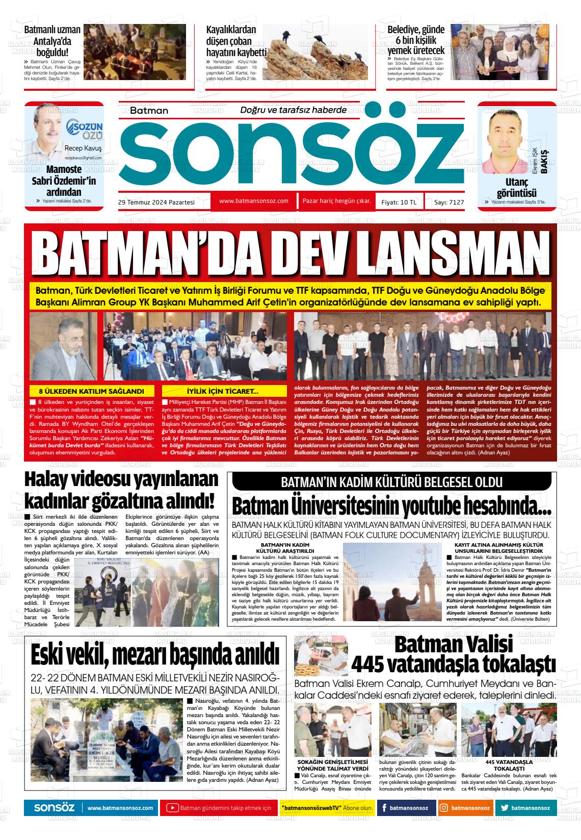 29 Temmuz 2024 Batman Sonsöz Gazete Manşeti