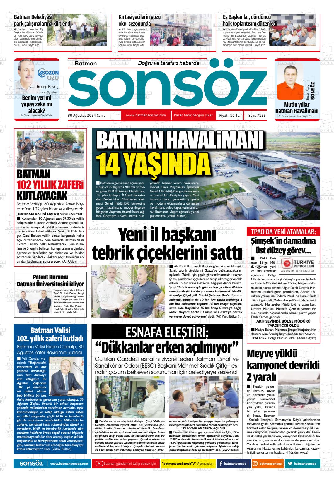 30 Ağustos 2024 Batman Sonsöz Gazete Manşeti