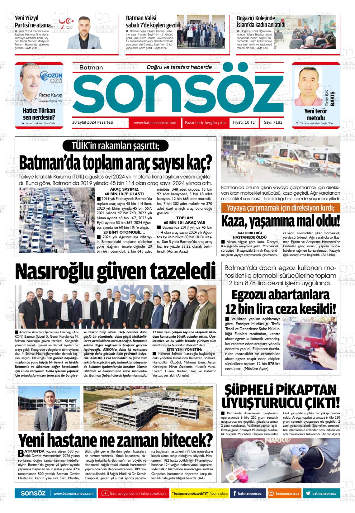 30 Eylül 2024 Batman Sonsöz Gazete Manşeti