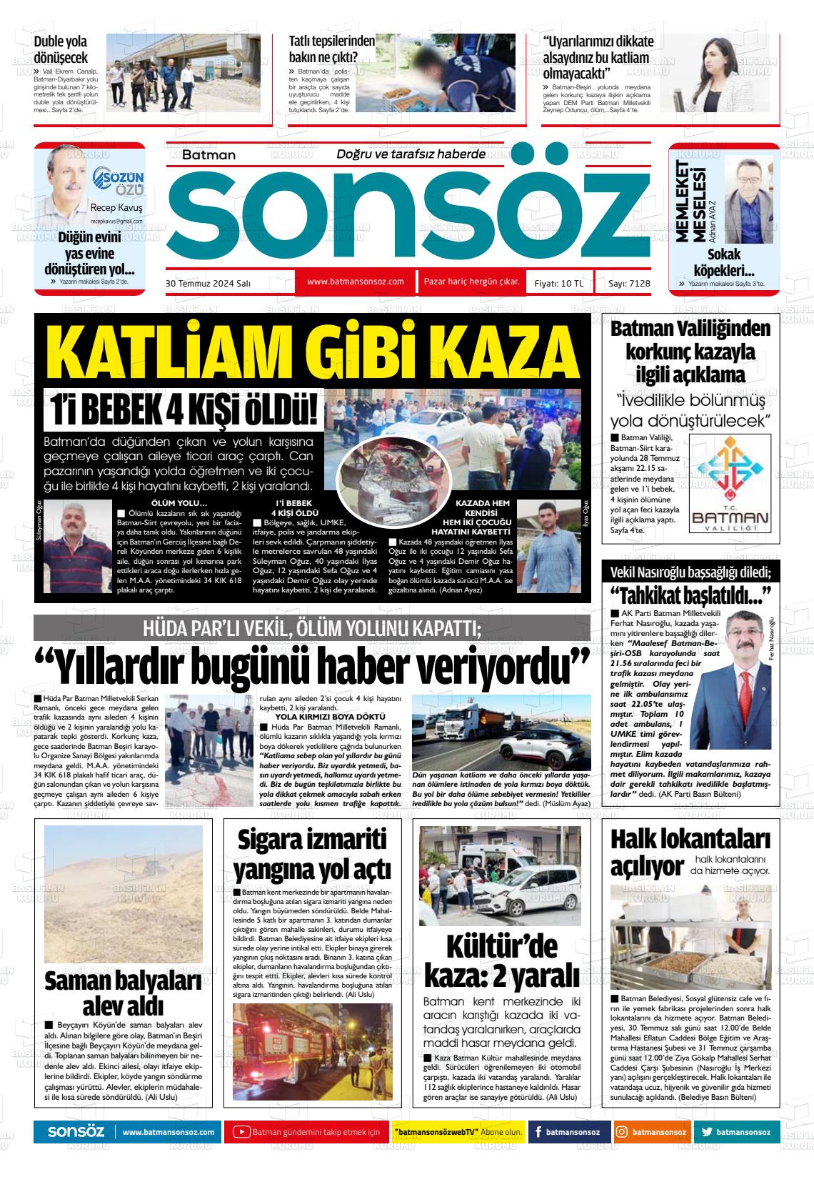 30 Temmuz 2024 Batman Sonsöz Gazete Manşeti