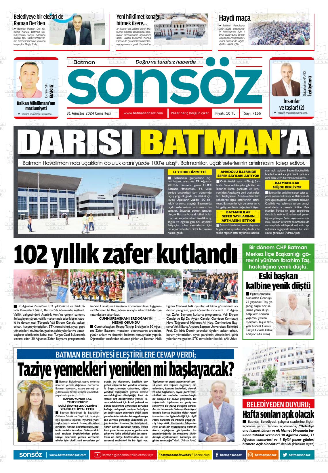 31 Ağustos 2024 Batman Sonsöz Gazete Manşeti