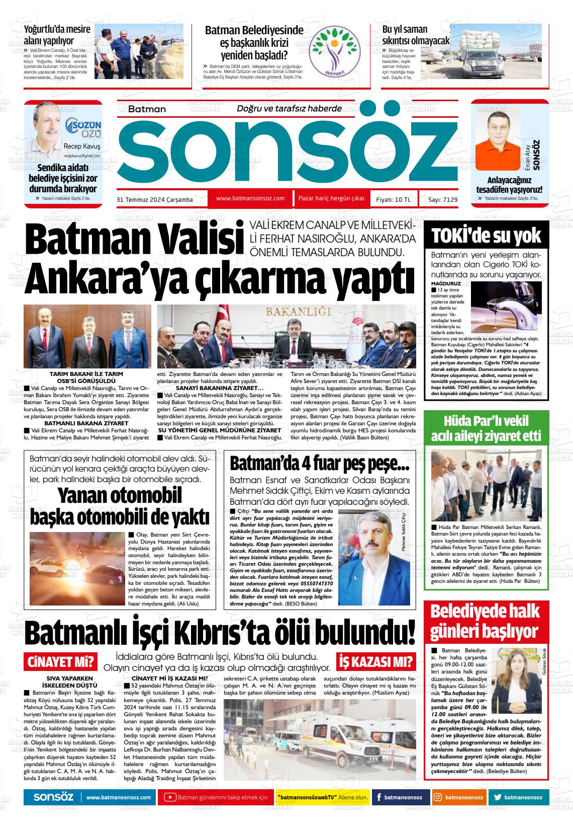 31 Temmuz 2024 Batman Sonsöz Gazete Manşeti